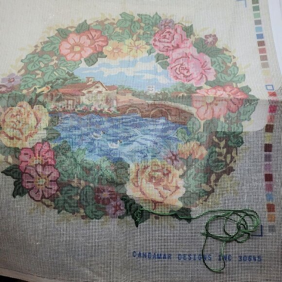 VTG Cottage Floral Wreath Needlepoint Kit Candamar Designs 14x14 Canvas & Floss - Picture 4 of 6